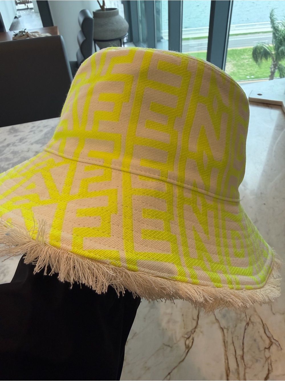Fendi Neon Yellow Logo Fringe-Trim Bucket Hat
